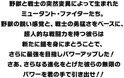 野獣と戦士の突然変異によって生まれたミュータント・ファイターたち。野獣の鋭い感覚と、戦士の勇猛さをベースに、超人的な戦闘力を持つ彼らは新たに鎧を身にまとうことで、さらに最強を目指しパワーアップした！  さあ、さらなる進化をとげた彼らの無限のパワーを君の手で引き出せ！！